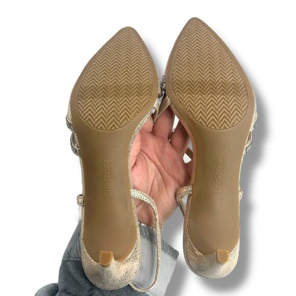 Lifestride Metallic Pointy Toe Heels 9.5 Rhinestone Buckle Arlo 2 Slingback Pump - Picture 9 of 11